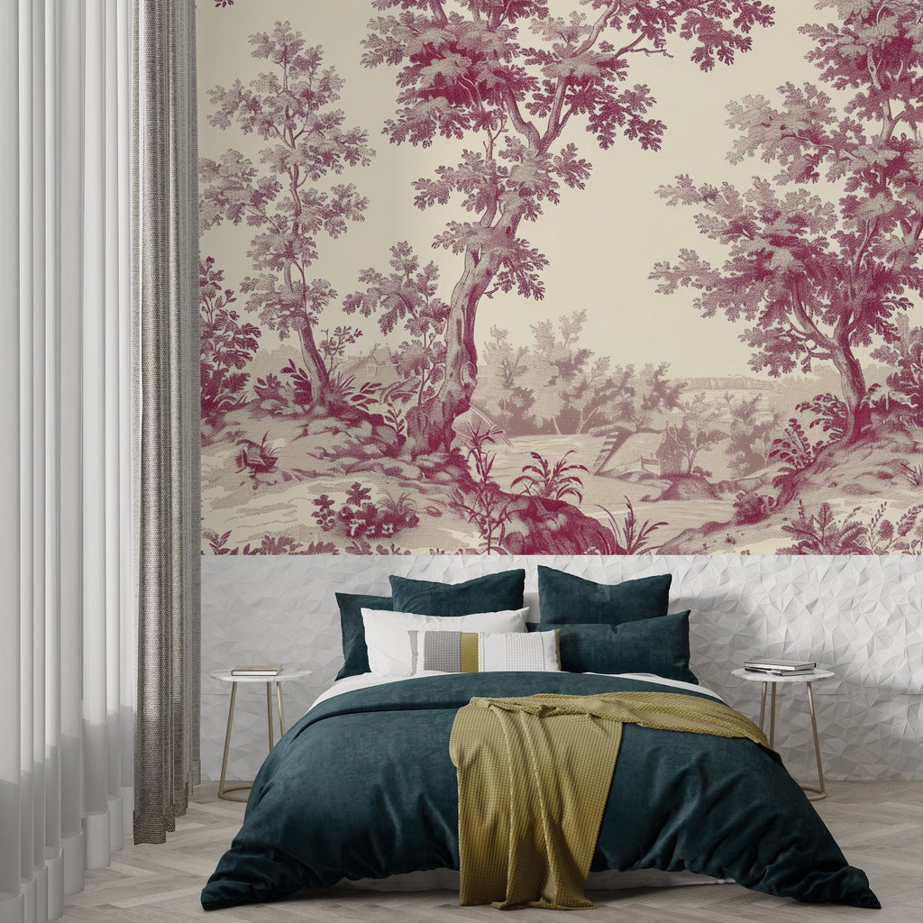 Classic French Toile wallpaper creating a focal point in a sophisticated master bedroom