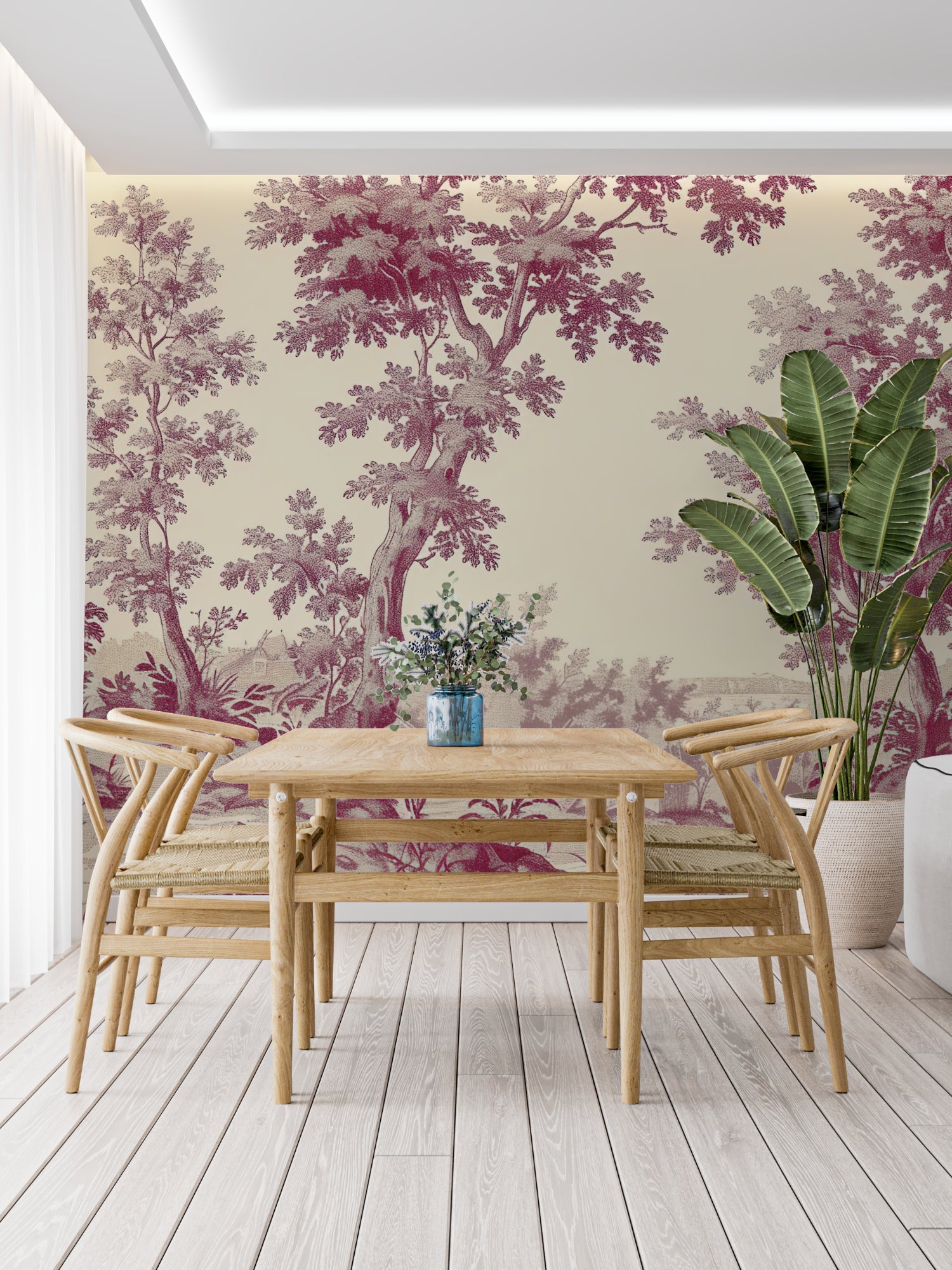 Burgundy Toile de Jouy mural in a traditional home office with wooden furniture