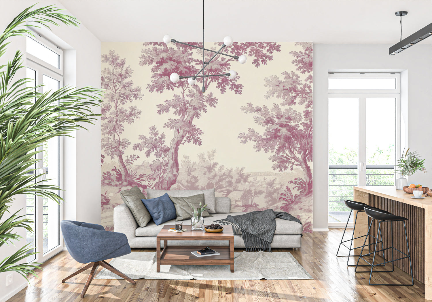 French Toile wallpaper bringing elegance to a formal living room setting