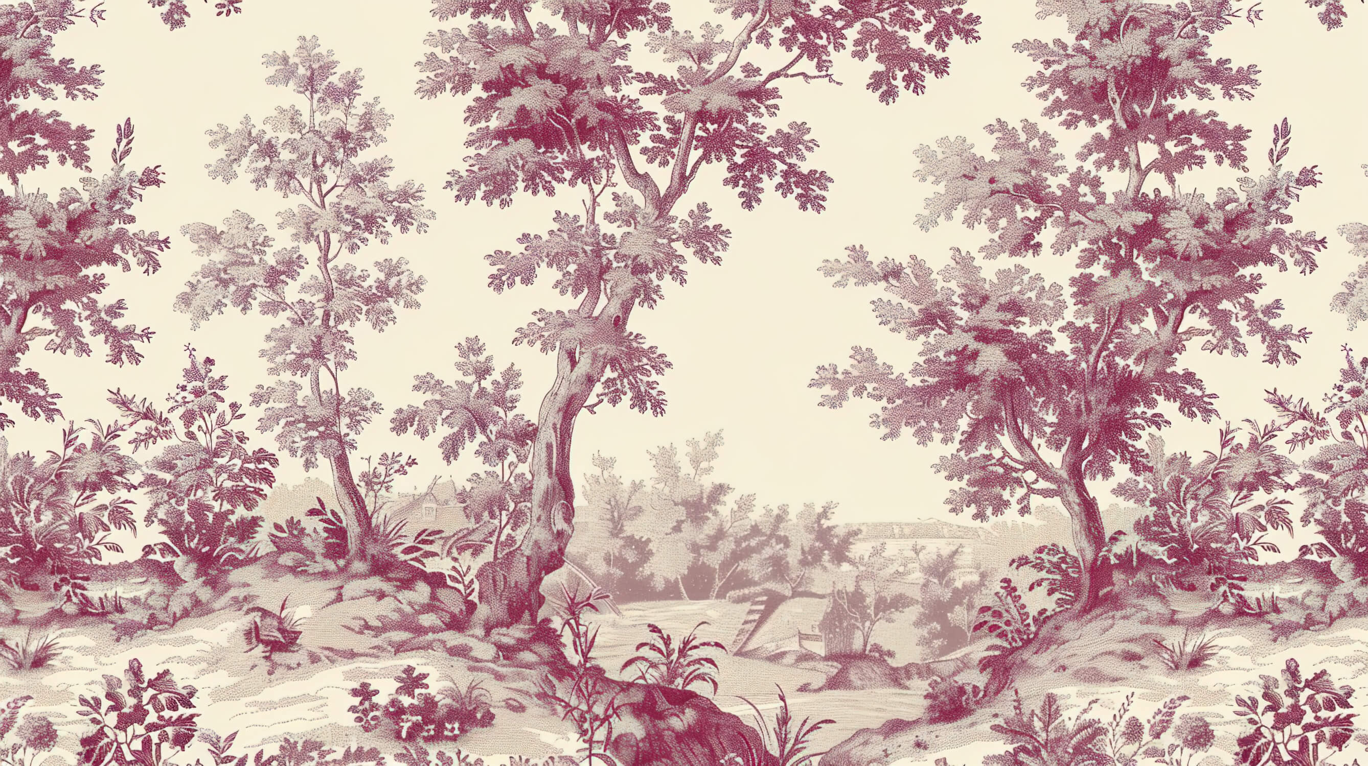 Burgundy Toile de Jouy design file showing intricate landscape pattern details and pastoral scenes