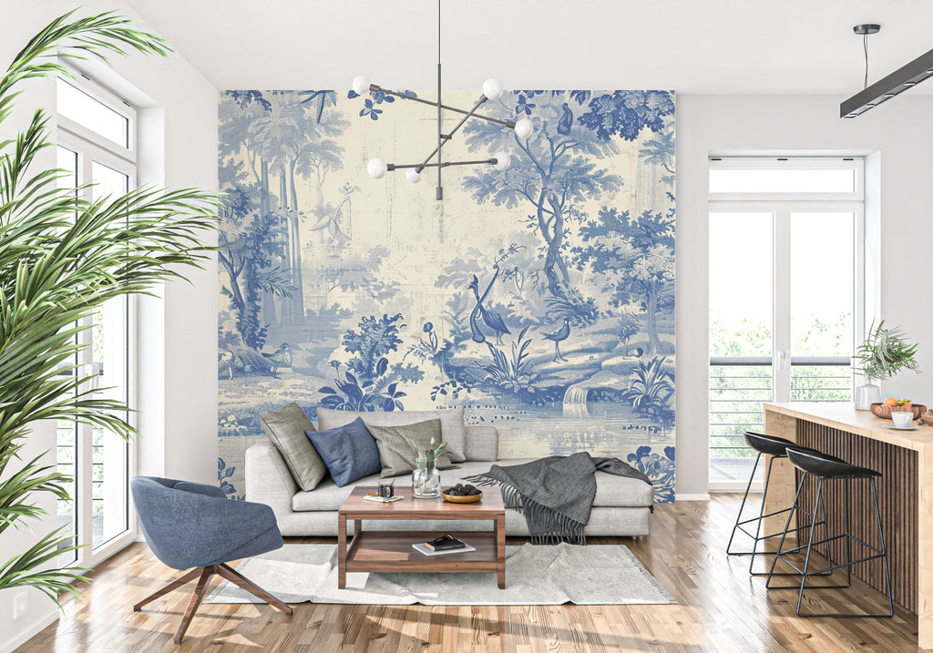 Home office featuring vintage toile wallpaper with delicate bird motifs