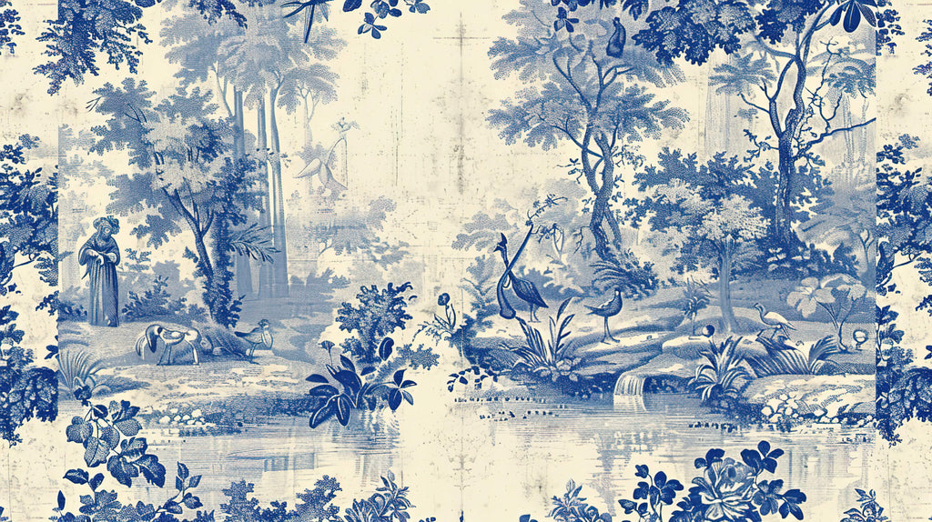 Design file of blue and beige toile pattern with detailed bird and nature scenes