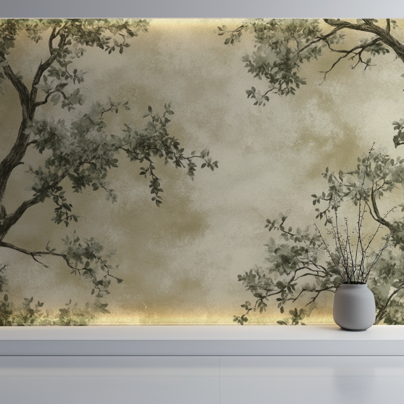 Botanical wallpaper design adding depth to a minimalist bedroom interior