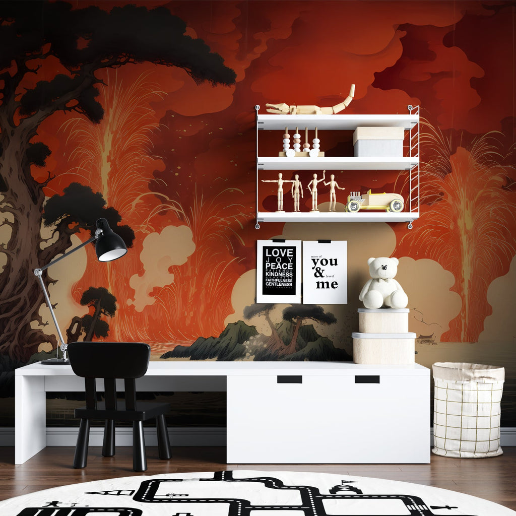 Japanese art volcano wallpaper making statement in home office setup