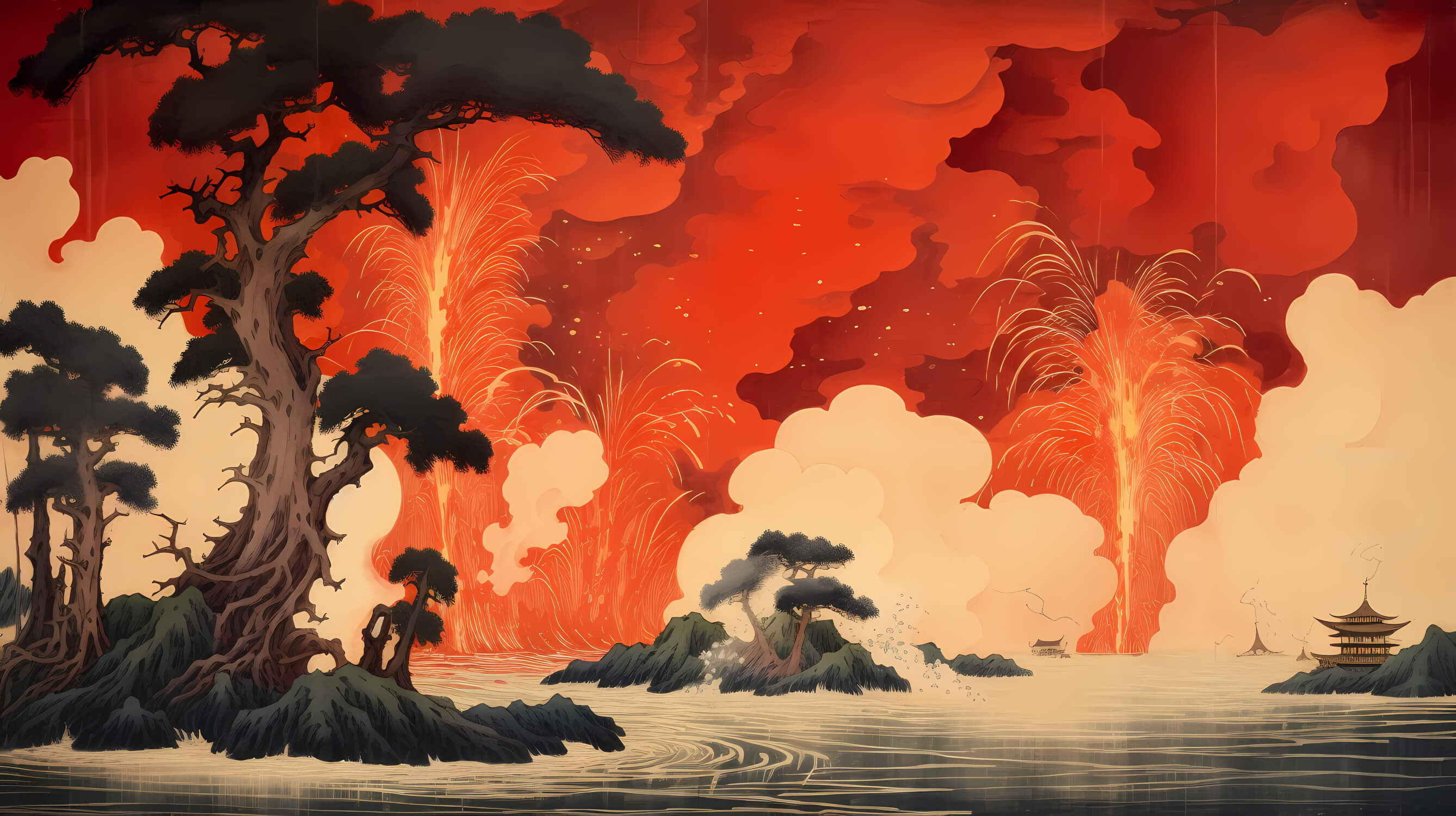 Japanese volcano landscape design file showing intricate artwork details