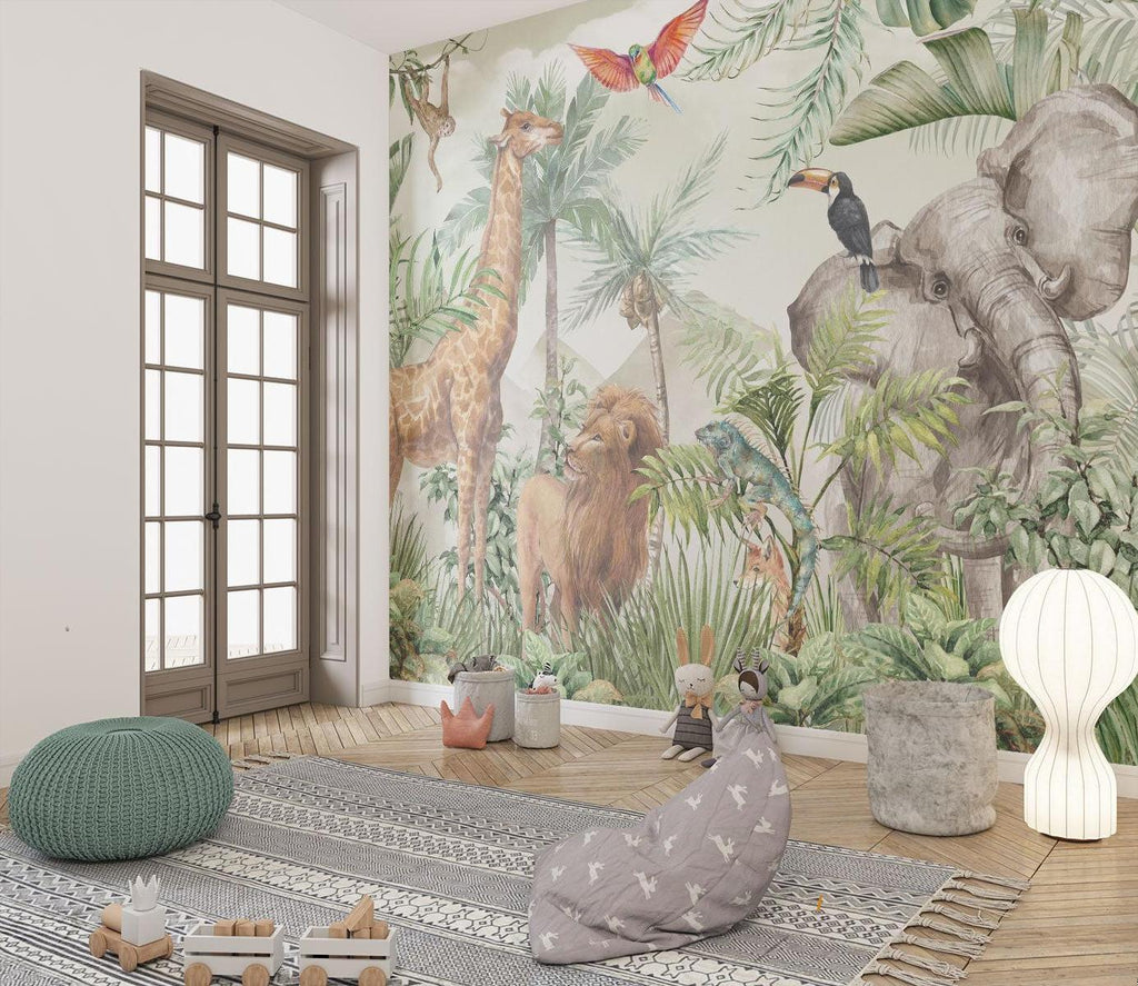 Jungle Animals Mural Wallpaper | Safari Wildlife with Tropical Foliage