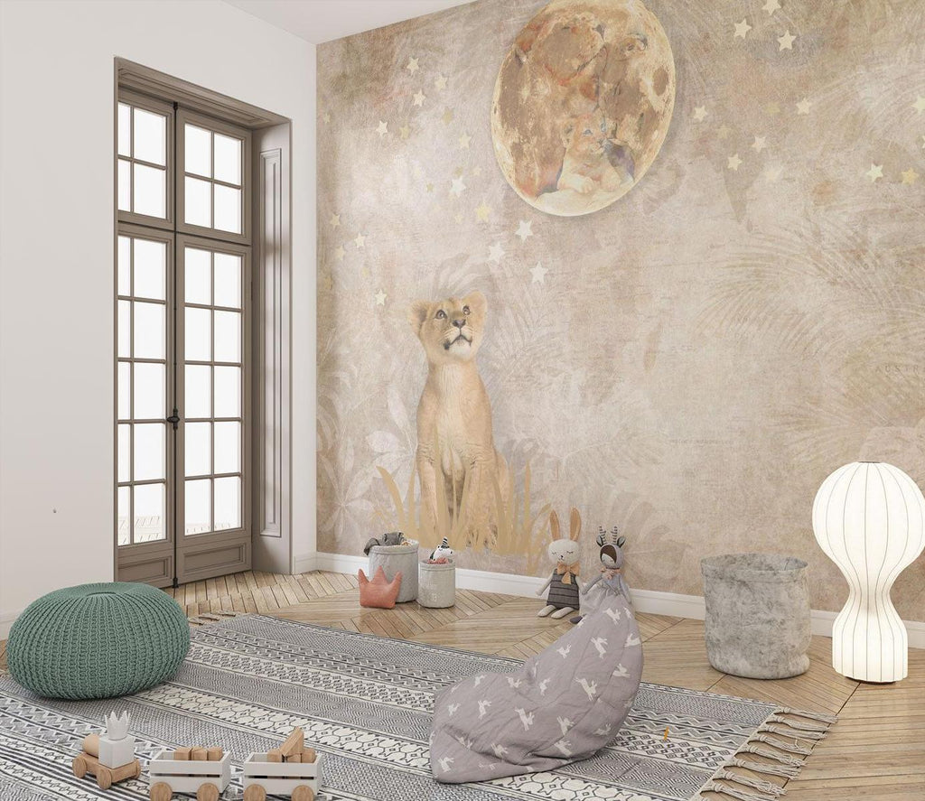 Safari Lion Mural Wallpaper | Dreamy Moon and Stars Design