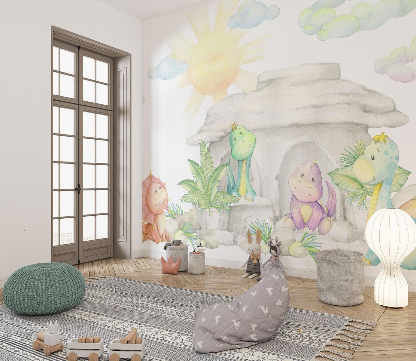 Dinosaur Mural Wallpaper | Watercolor Pastel Baby Dragons Cave
