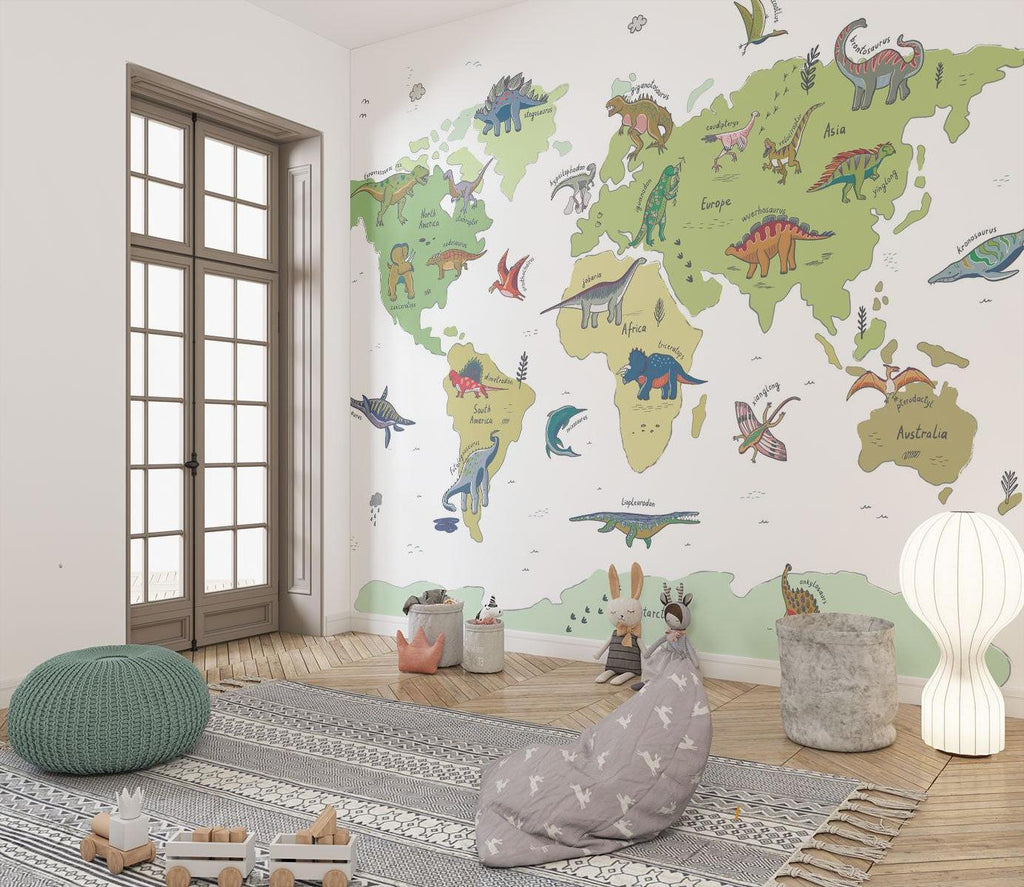 Dinosaur Mural Wallpaper | World Map Educational Design