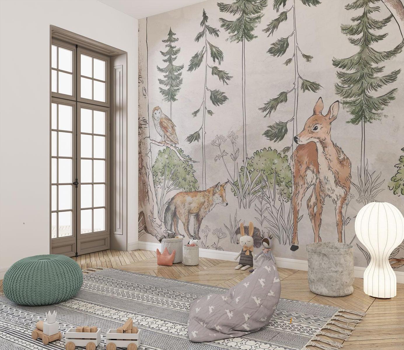 Forest Animals Mural Wallpaper | Watercolor Woodland Scene