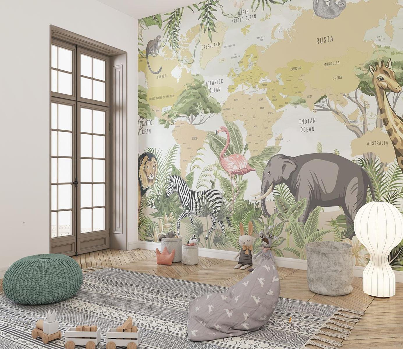 Safari Animals Mural Wallpaper | World Map with Jungle Wildlife