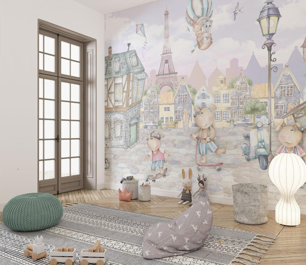 Paris Kids Mural Wallpaper | Whimsical Teddy Bears Adventure