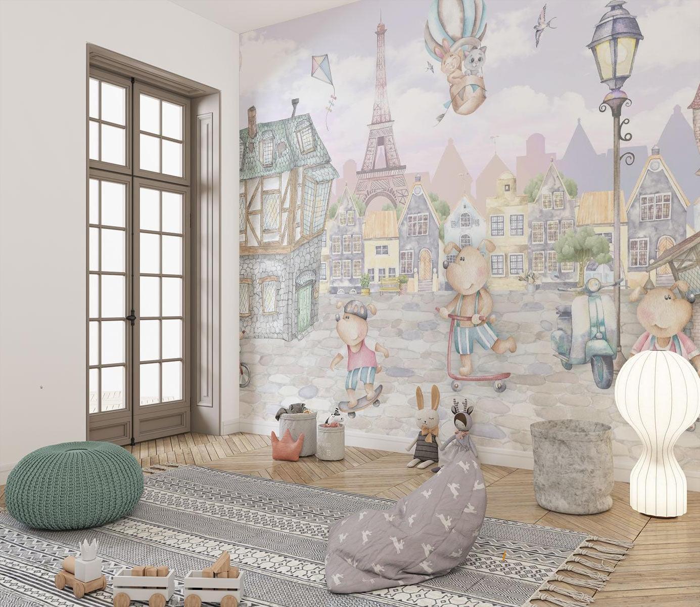 Paris Kids Mural Wallpaper | Whimsical Teddy Bears Adventure