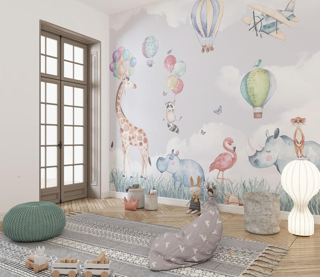 Safari Animals Mural Wallpaper | Watercolor Hot Air Balloon Adventure