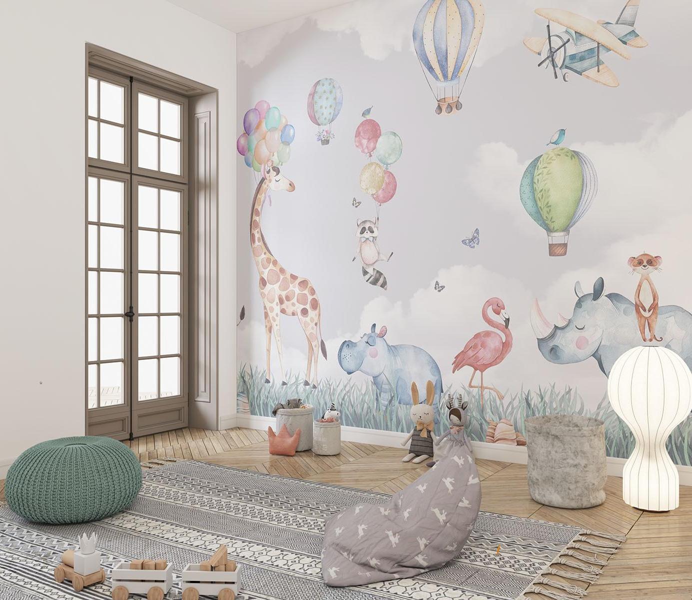 Safari Animals Mural Wallpaper | Watercolor Hot Air Balloon Adventure