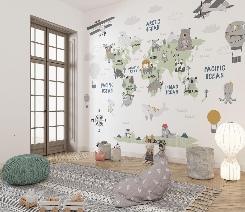 World Map Mural Wallpaper | Kids Adventure Theme with Animals