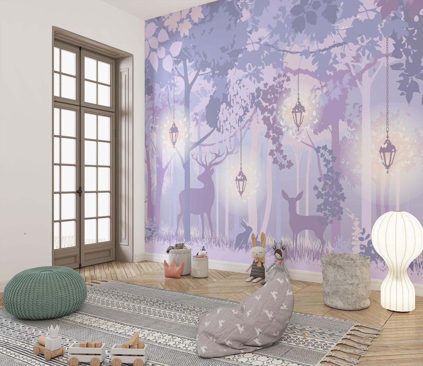 Forest Mural Wallpaper | Enchanted Purple Woodland With Lanterns