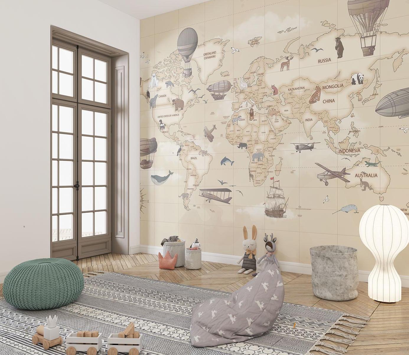 World Map Mural Wallpaper | Vintage Adventure Theme With Hot Air Balloons