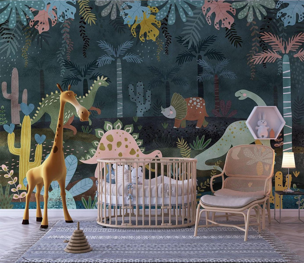 Dinosaur Mural Wallpaper | Jungle Adventure with Pastel Characters