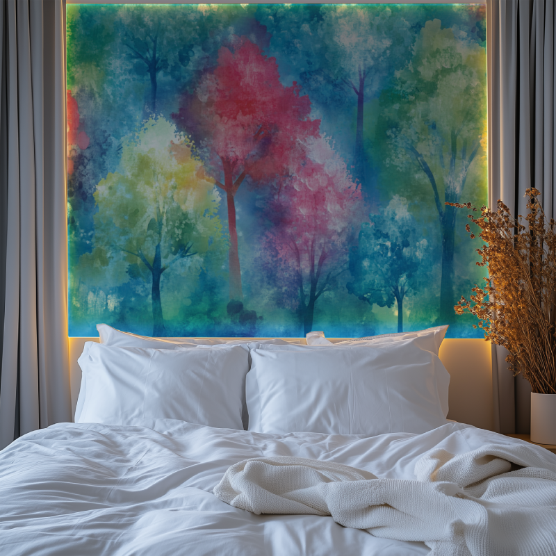 Blue and pink watercolor tree wallpaper in a cozy bedroom setting with natural light