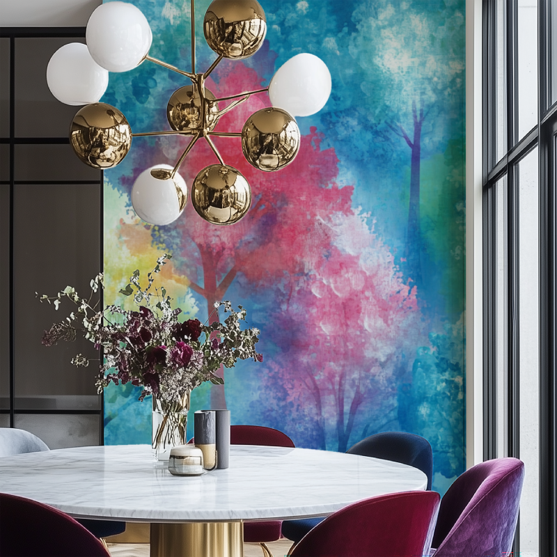 Forest wall mural in a home office showing the scale of the watercolor trees