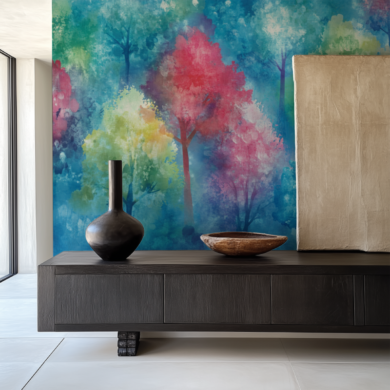 Watercolor forest wallpaper bringing color to a minimalist dining room