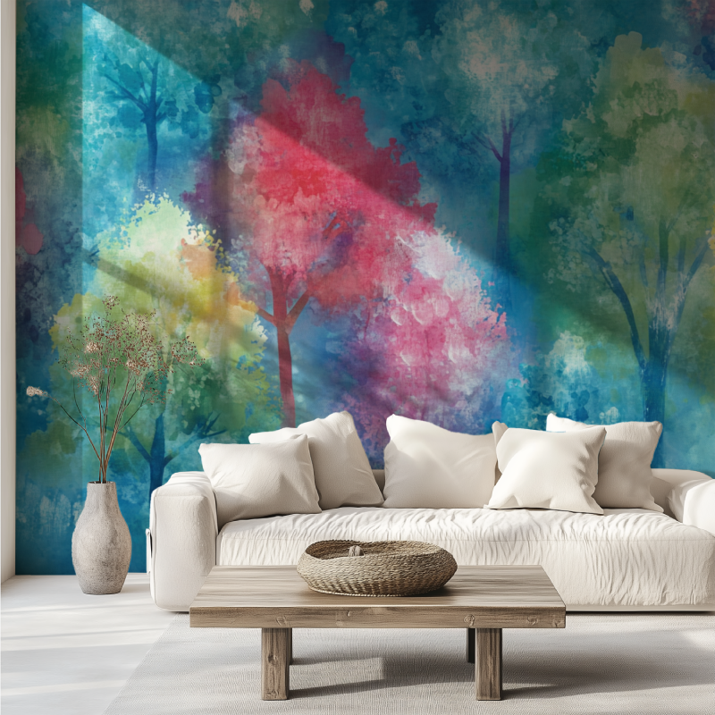 Artistic tree mural installed in a meditation room with soft lighting