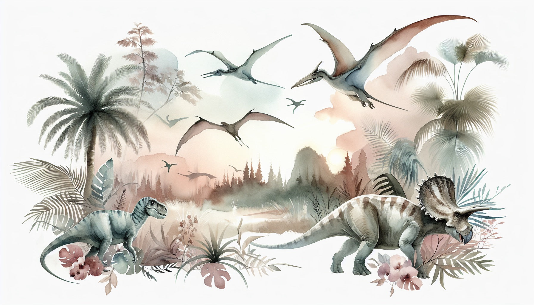 Watercolor Jurassic Scene design file showing full prehistoric pattern with gentle earth tones