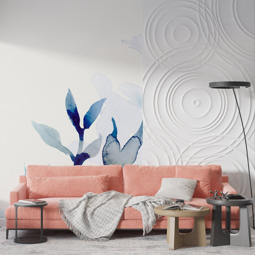 Abstract blue floral mural in a master bedroom showcasing flowing watercolor effects