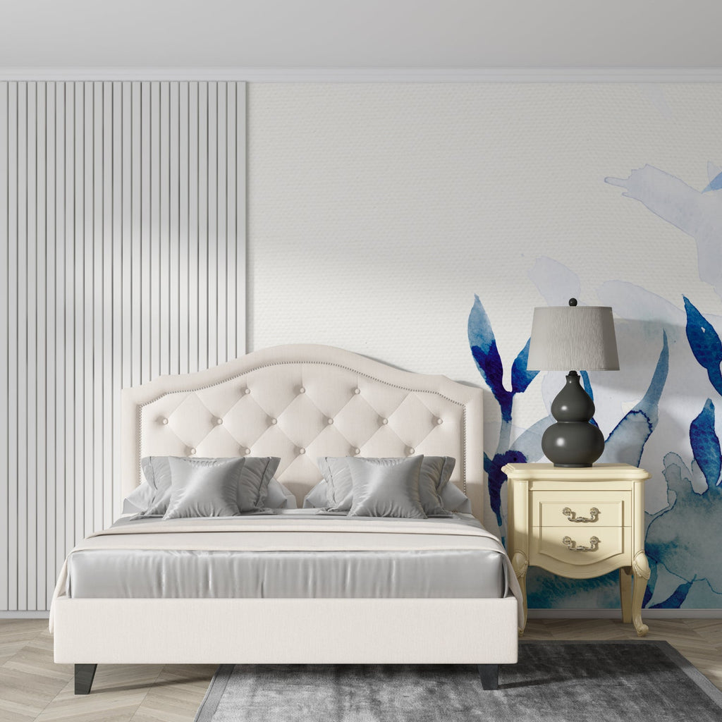 Blue abstract floral wallpaper creating depth in a dining room