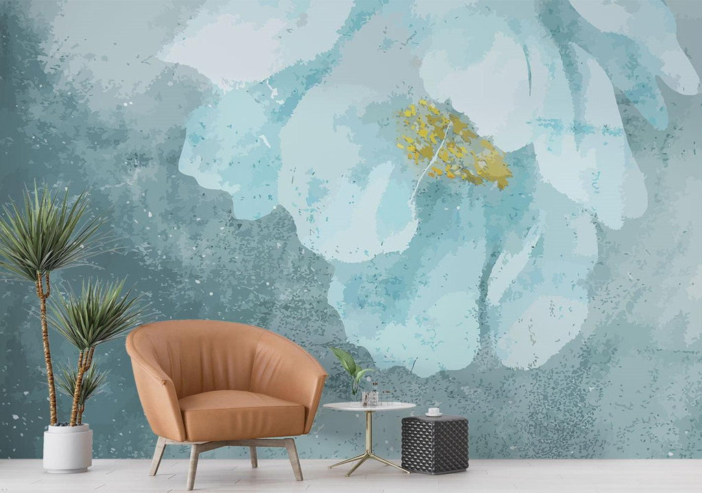Abstract blue floral wallpaper creating calm atmosphere in master bedroom
