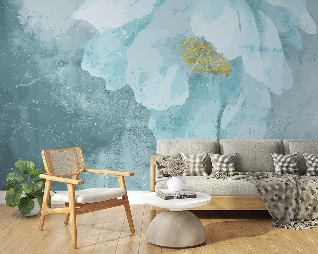 Blue watercolor floral wallpaper in dining room with modern chandelier