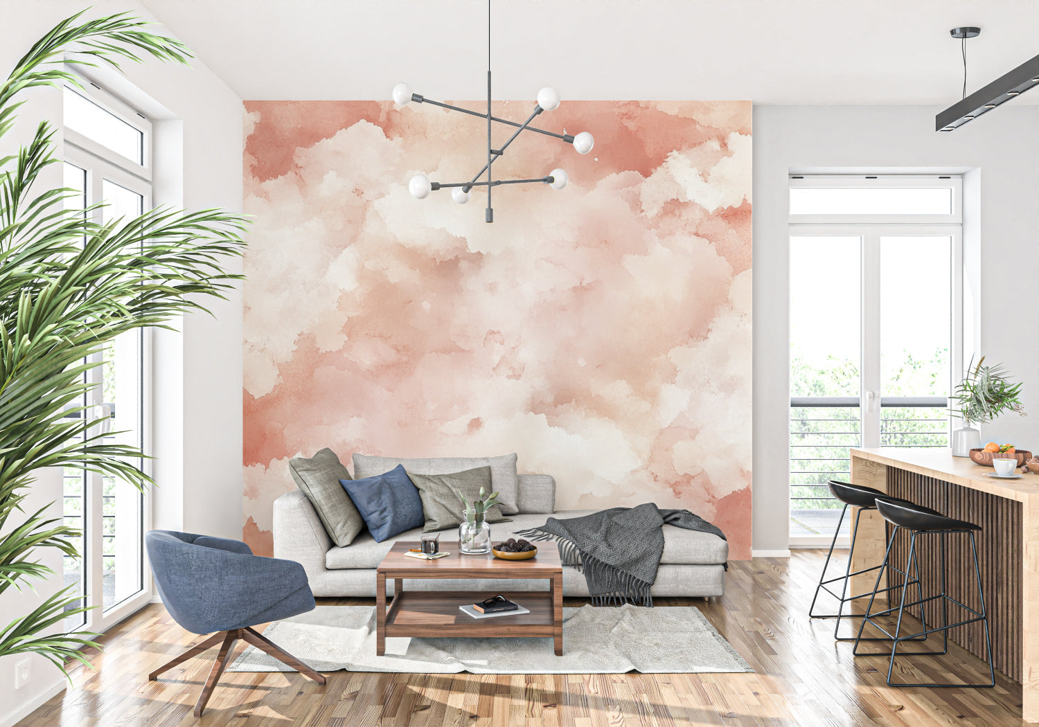 Watercolor abstract wallpaper in modern living room showcasing flowing terracotta clouds
