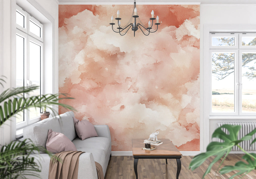 Abstract watercolor mural adding warmth to minimalist dining room