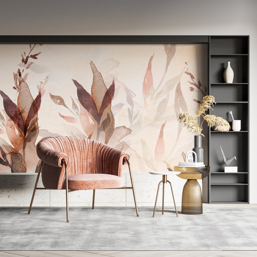 Home office with terracotta leaf mural creating a warm, creative atmosphere
