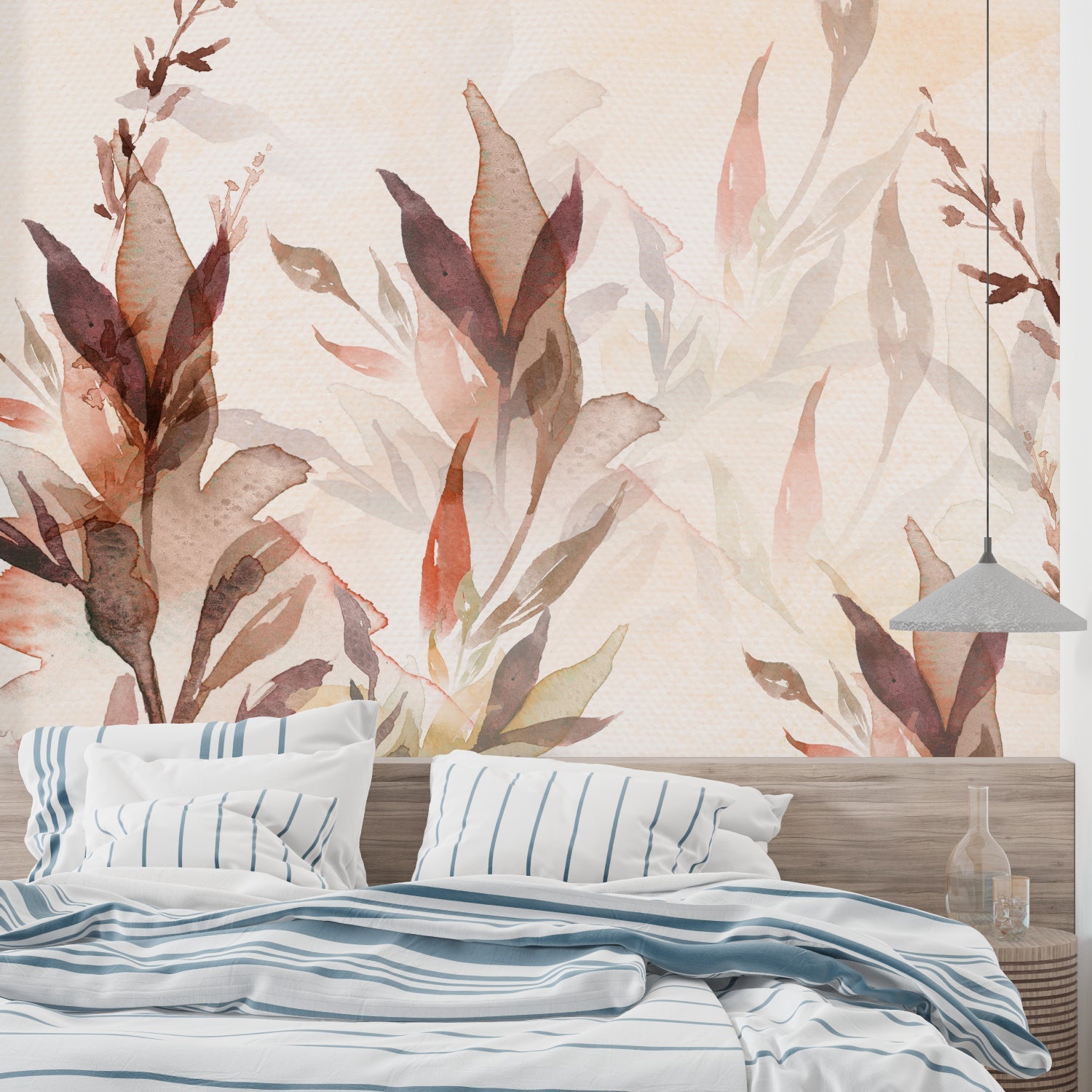 Bedroom wall with watercolor autumn leaves mural in soft, calming terracotta shades