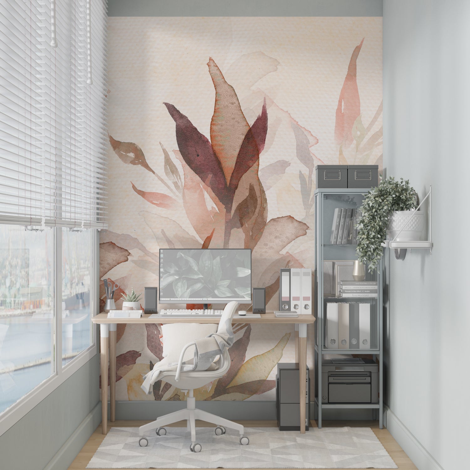 Entryway showcasing botanical wall mural with flowing watercolor leaf design