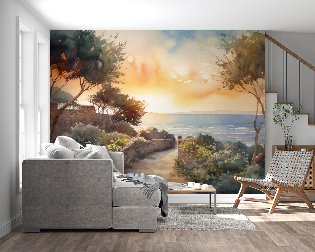 Sunset scene wallpaper creating peaceful atmosphere in meditation room setting