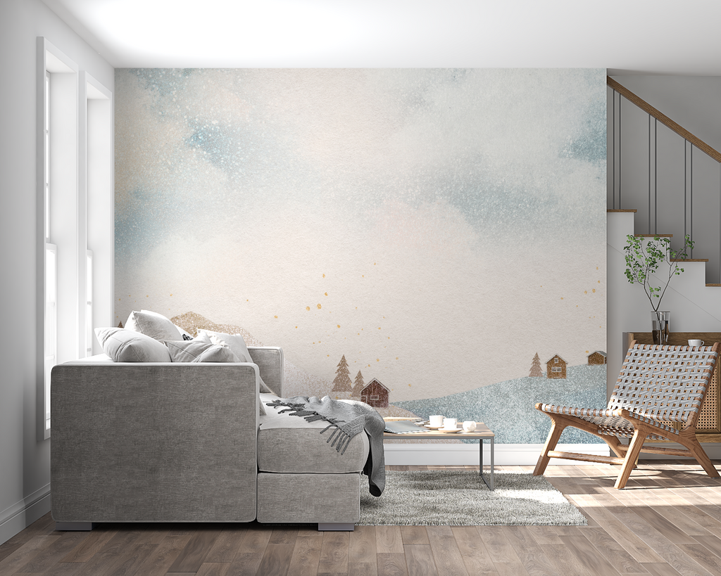 Watercolor landscape mural in modern Scandinavian living room with minimal furniture