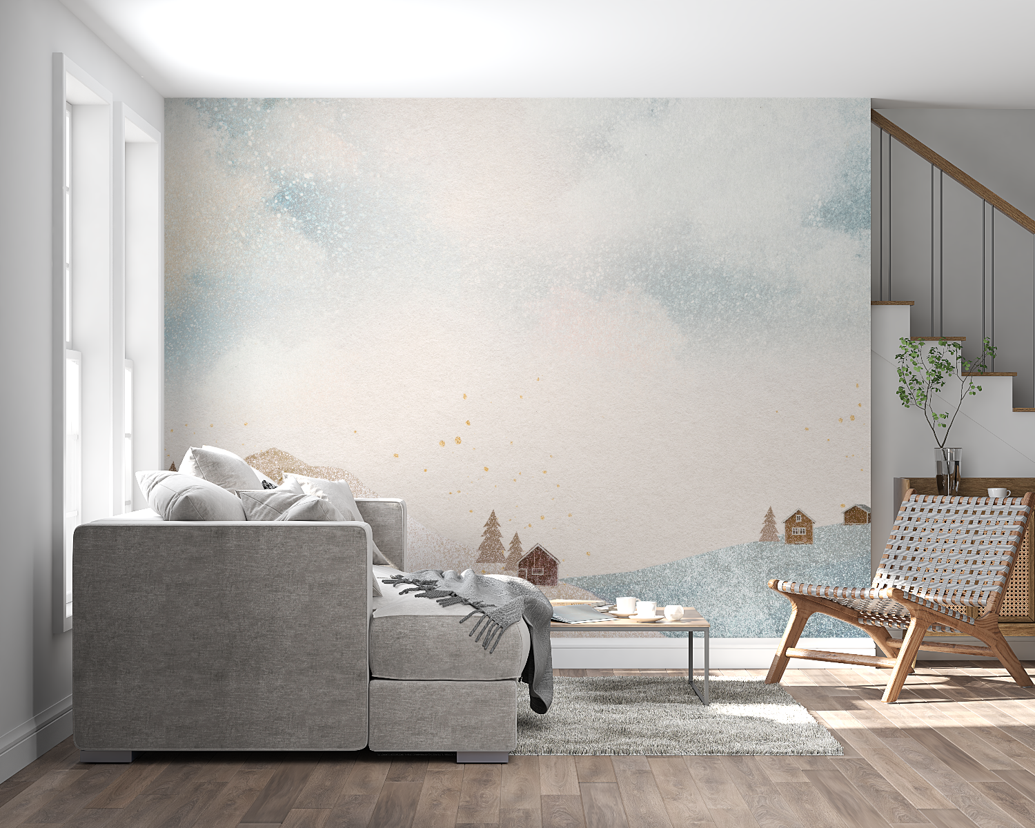 Watercolor landscape mural in modern Scandinavian living room with minimal furniture