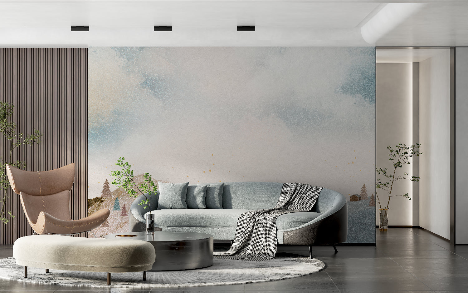 Nordic winter wallpaper creating depth in cozy bedroom setting