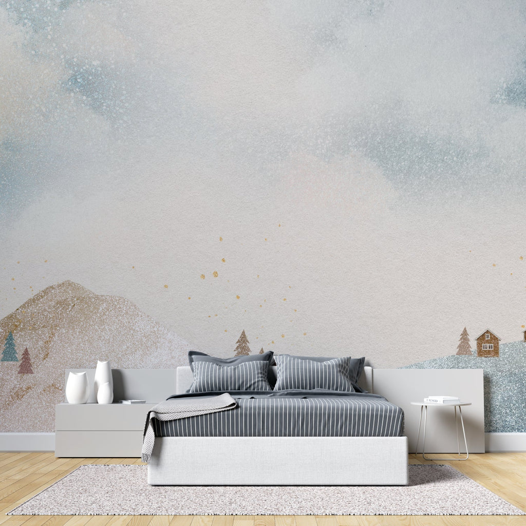 Mountain scene wallpaper in bright dining room with natural light