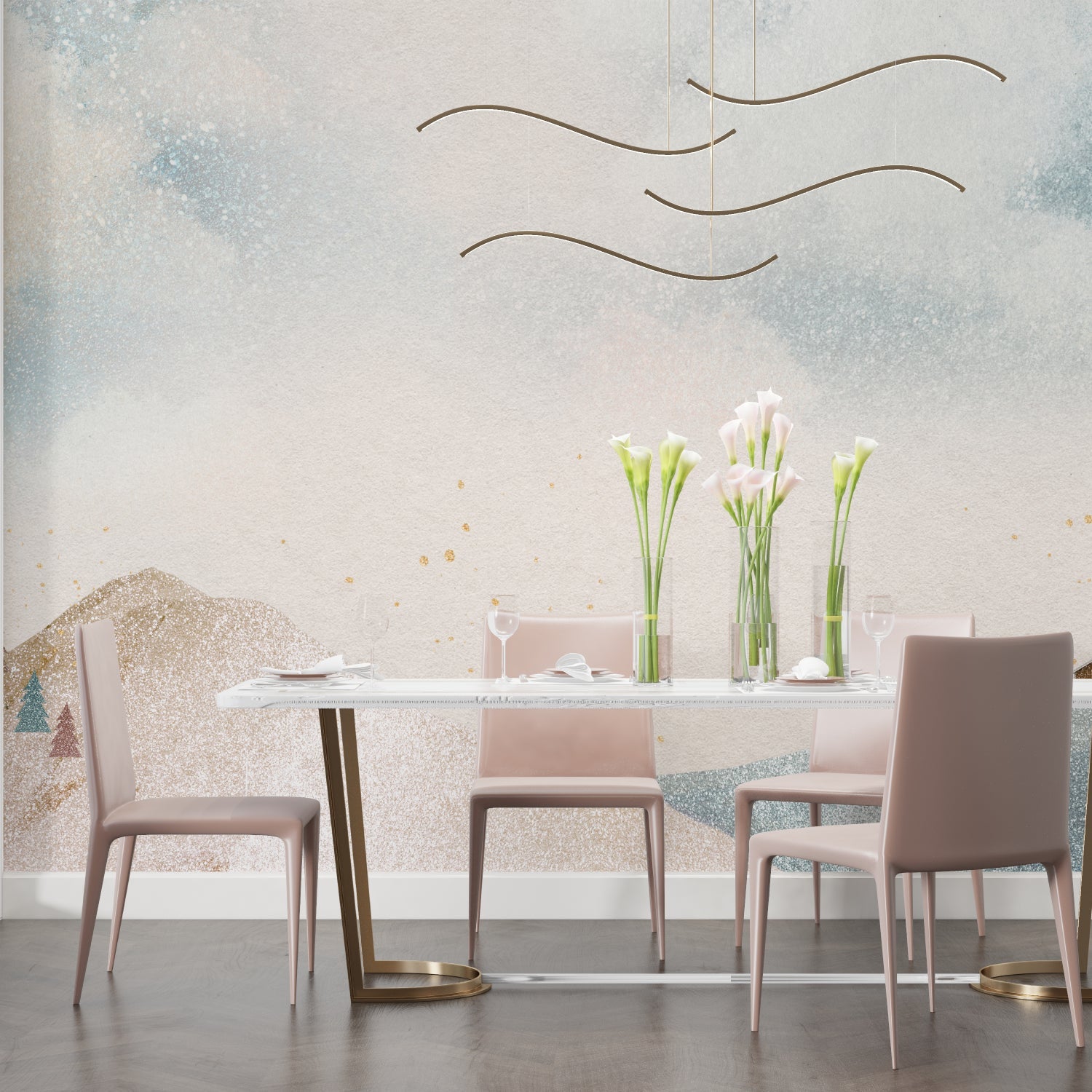 Nordic landscape mural enhancing minimalist entryway design
