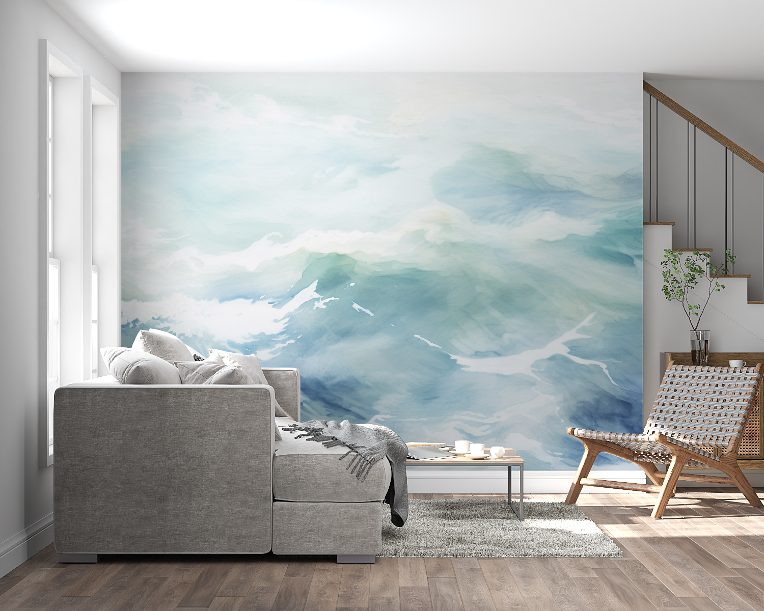 Coastal-inspired bathroom with calming blue wave wallpaper design
