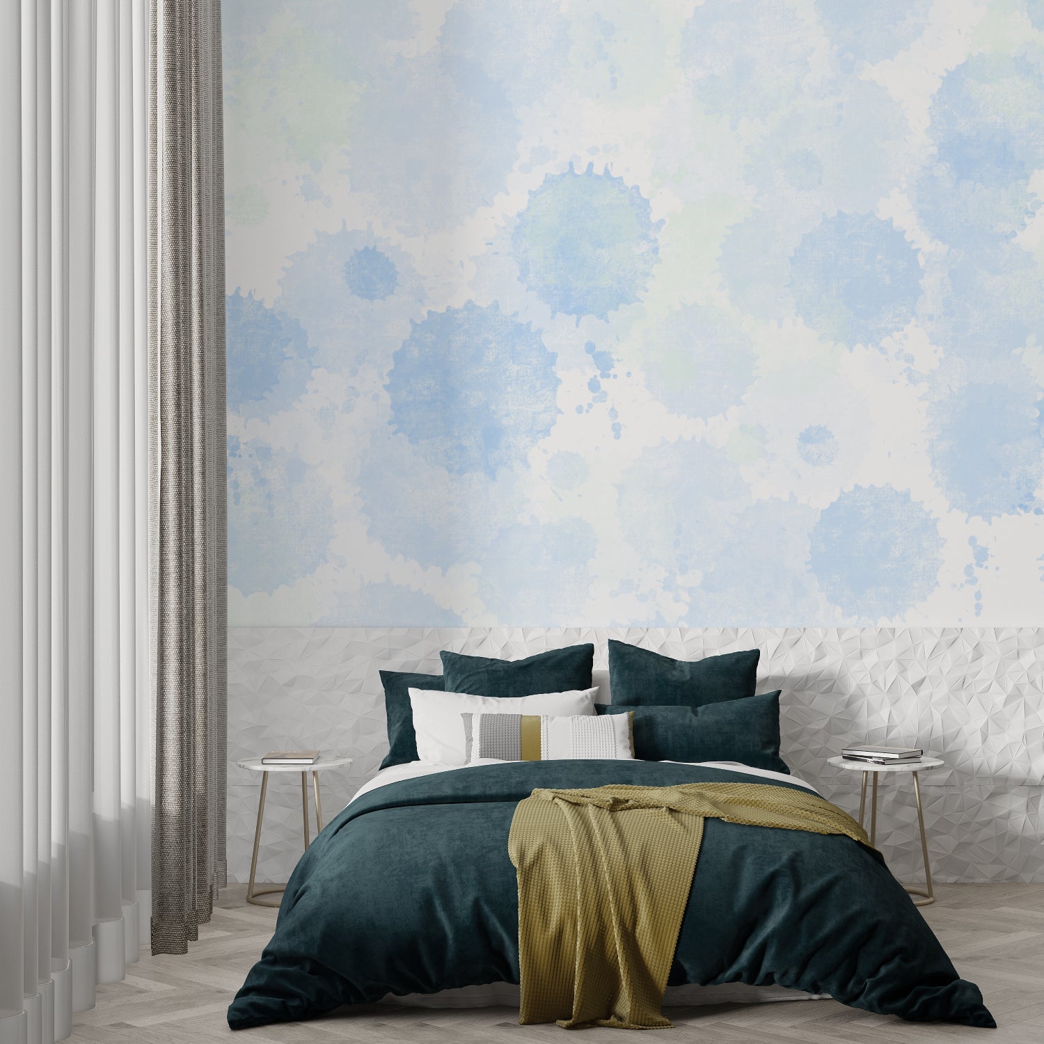 Watercolor cloud wallpaper creating a serene atmosphere in a modern living room with natural light
