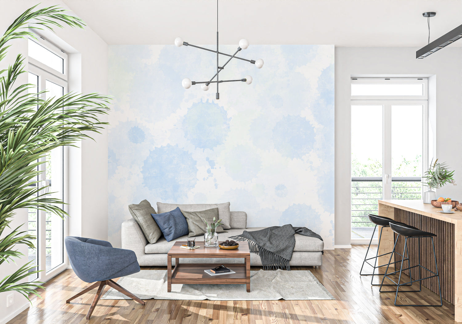 Cloud pattern wallpaper creating depth in a nursery with gentle blue tones