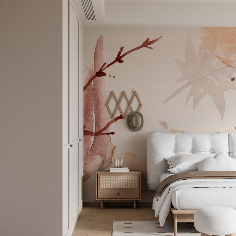 Terracotta botanical mural creating calm atmosphere in master bedroom