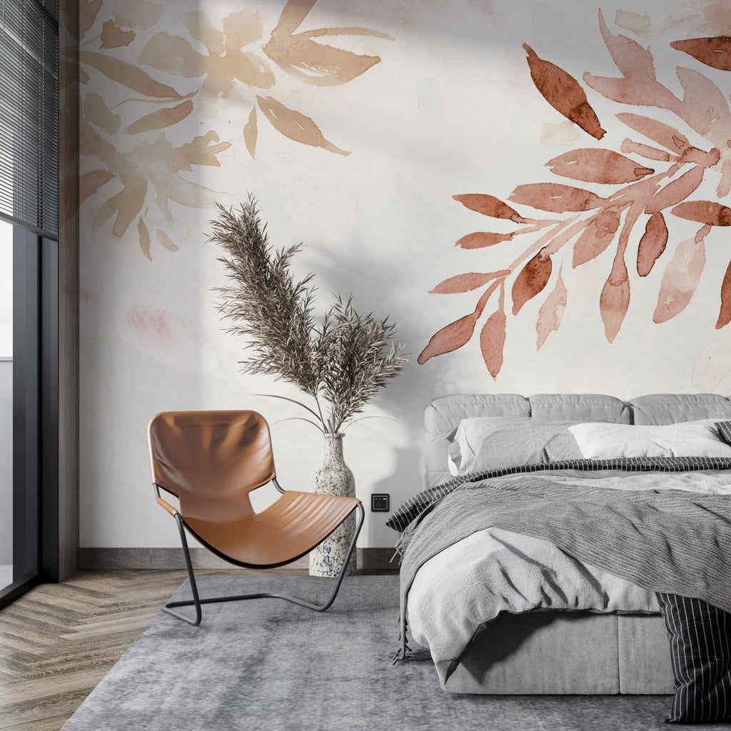 Botanical leaf wallpaper featured in master bedroom showing floating terracotta design