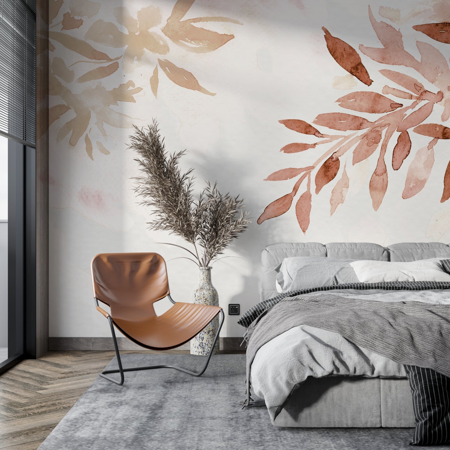 Botanical leaf wallpaper featured in master bedroom showing floating terracotta design