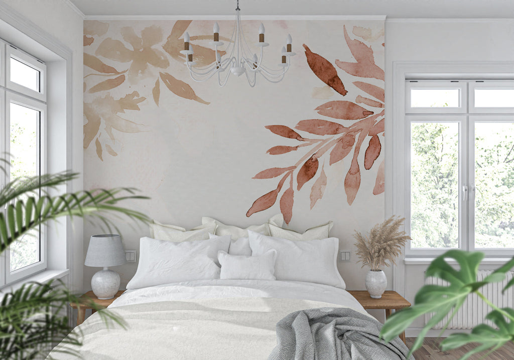 Terracotta botanical wallpaper in dining room with natural light highlighting leaf details